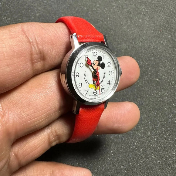 Vintage Disney Mickey Mouse Watch Mechanical Wind Up Plastic Red Band  Working - Picture 3 of 9
